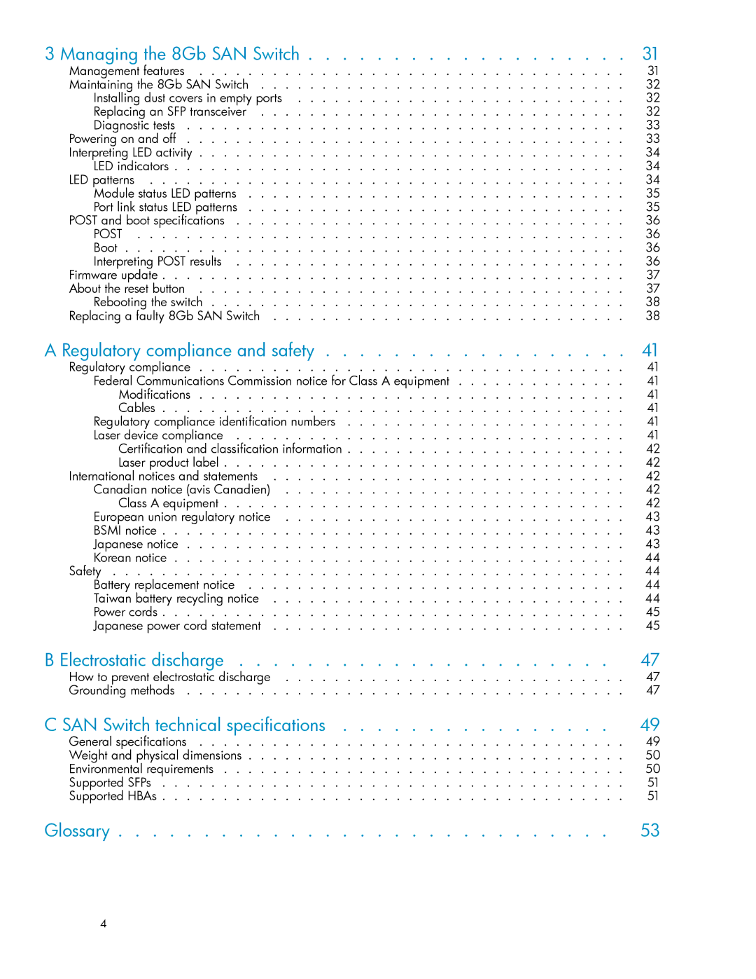 HP 5697-7483 manual Managing the 8Gb SAN Switch, Regulatory compliance and safety, Electrostatic discharge, Glossary 