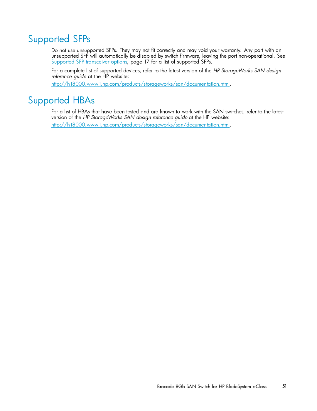 HP 5697-7483 manual Supported SFPs, Supported HBAs 