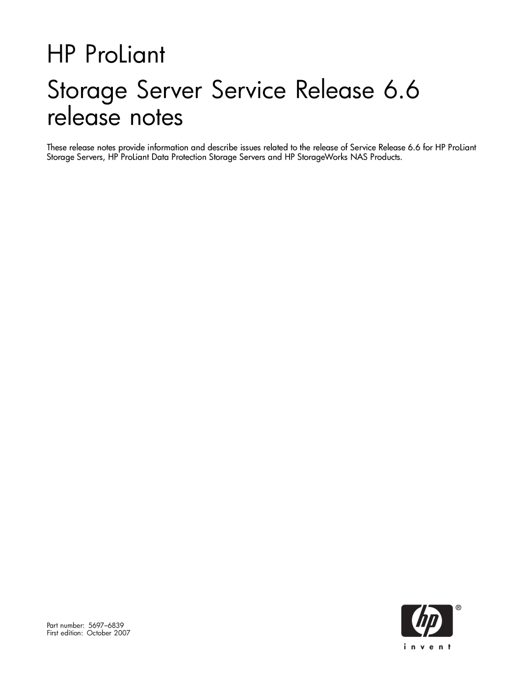 HP 56976839 manual HP ProLiant Storage Server Service Release 6.6 release notes 