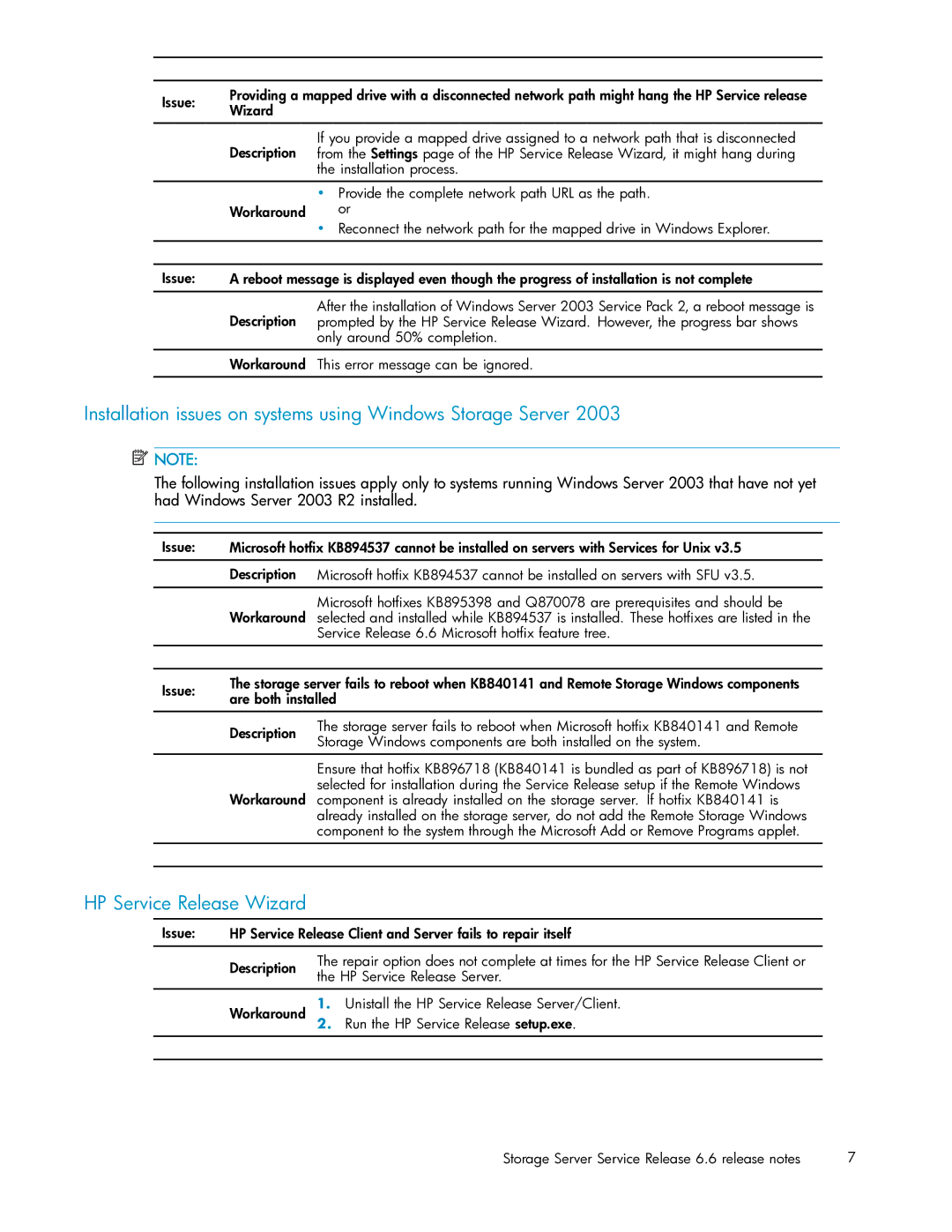 HP 56976839 manual Installation issues on systems using Windows Storage Server, HP Service Release Wizard 