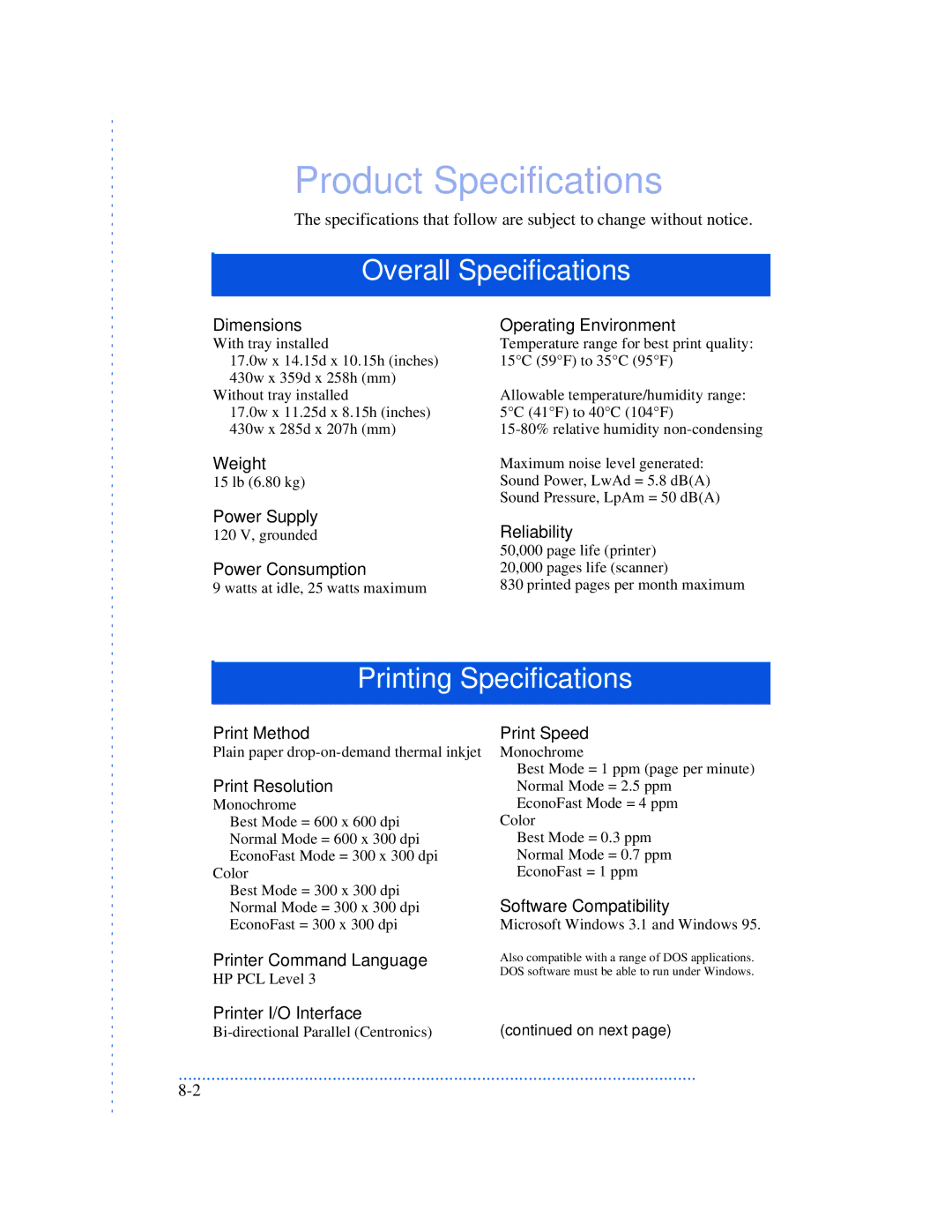 HP 520, 570, 590 manual Product Specifications 