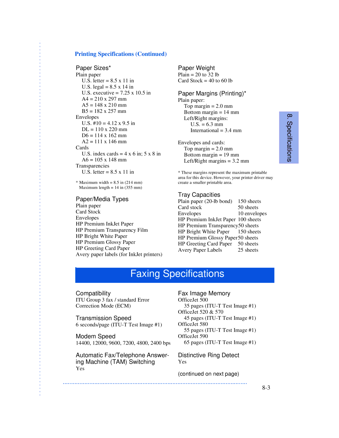 HP 570 Paper Sizes, Paper/Media Types, Paper Weight, Paper Margins Printing, Tray Capacities, Compatibility, Modem Speed 