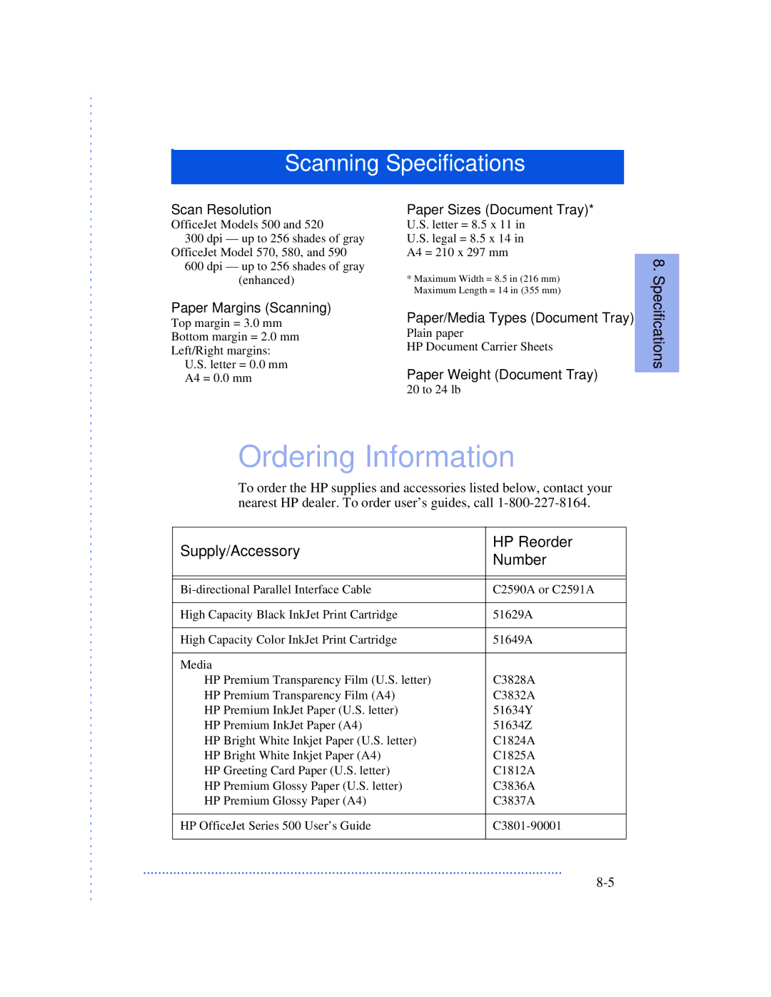 HP 520, 570, 590 manual Ordering Information, Supply/Accessory HP Reorder Number, Scan Resolution, Paper Margins Scanning 