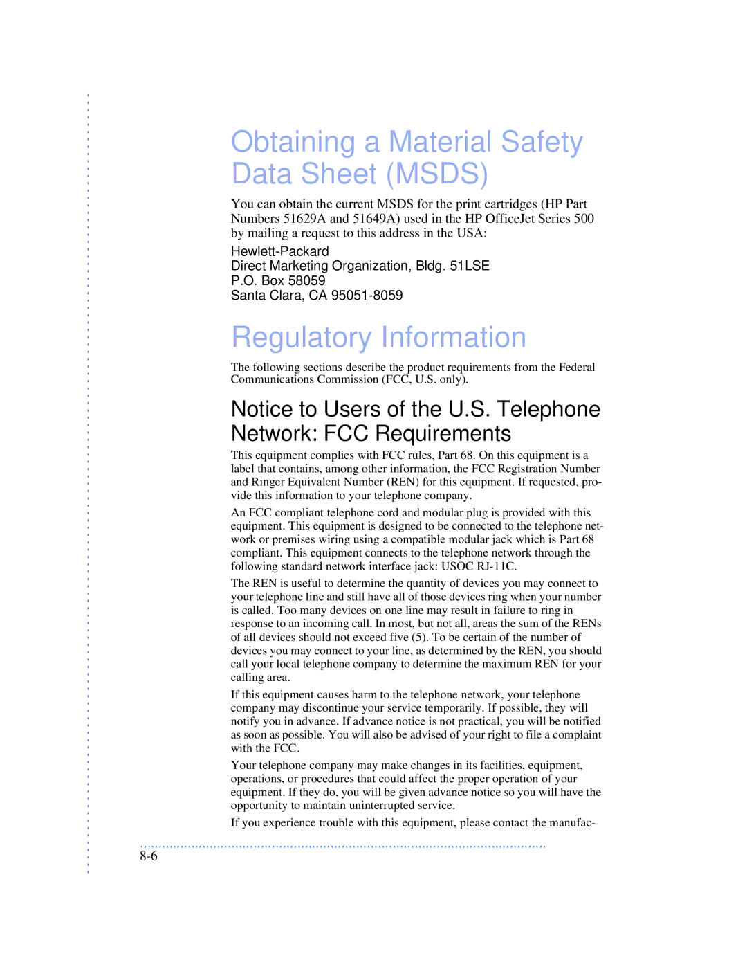 HP 570, 590, 520 manual Obtaining a Material Safety Data Sheet Msds, Regulatory Information, Network FCC Requirements 