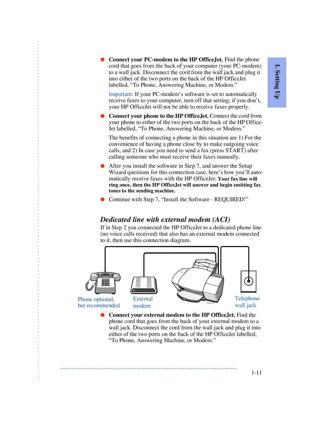 HP 590, 570, 520 manual Dedicated line with external modem ACI, Phone optional External But recommended Modem 