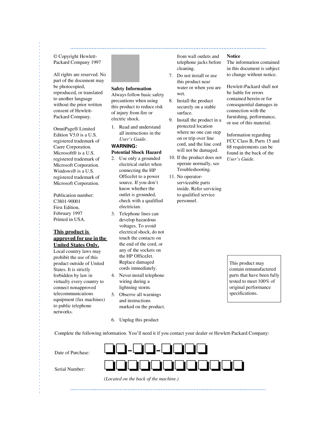 HP 520, 570, 590 manual This product is approved for use in the United States Only 