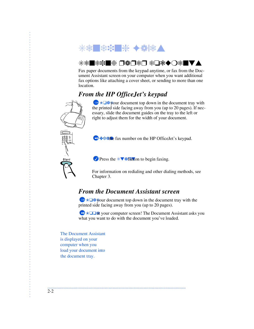 HP 520, 570, 590 Sending Faxes, Sending paper documents, From the HP OfficeJet’s keypad, From the Document Assistant screen 