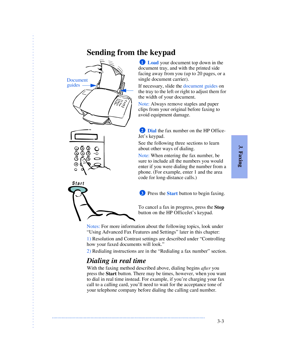 HP 590, 570, 520 manual Sending from the keypad, Dialing in real time, Document guides 