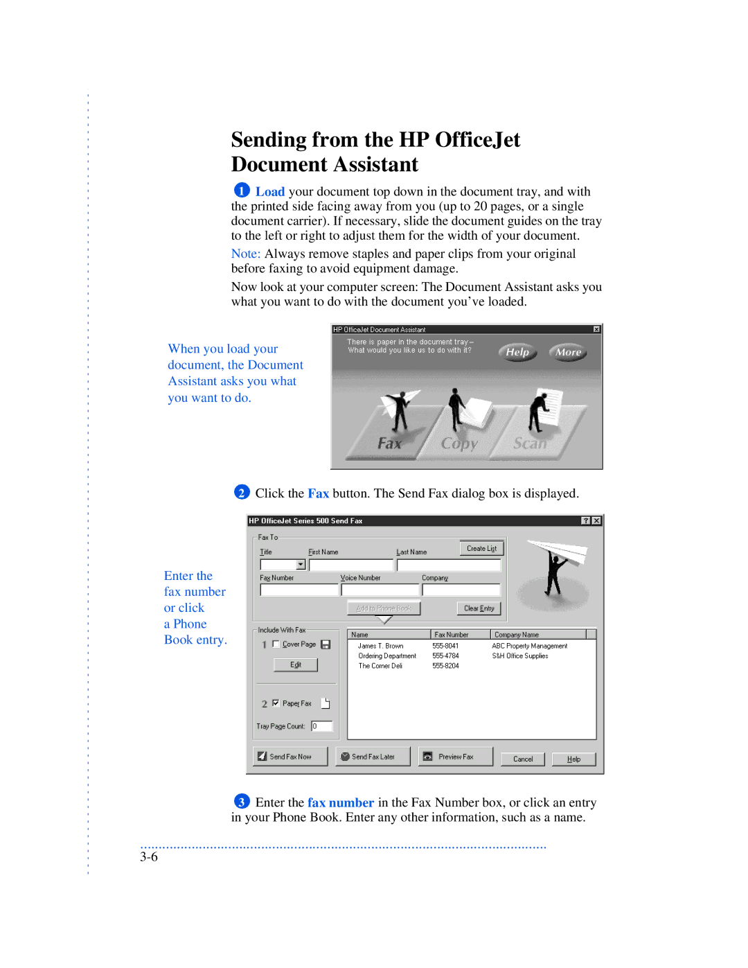 HP 590, 570, 520 manual Sending from the HP OfficeJet Document Assistant, Enter the fax number or click Phone Book entry 