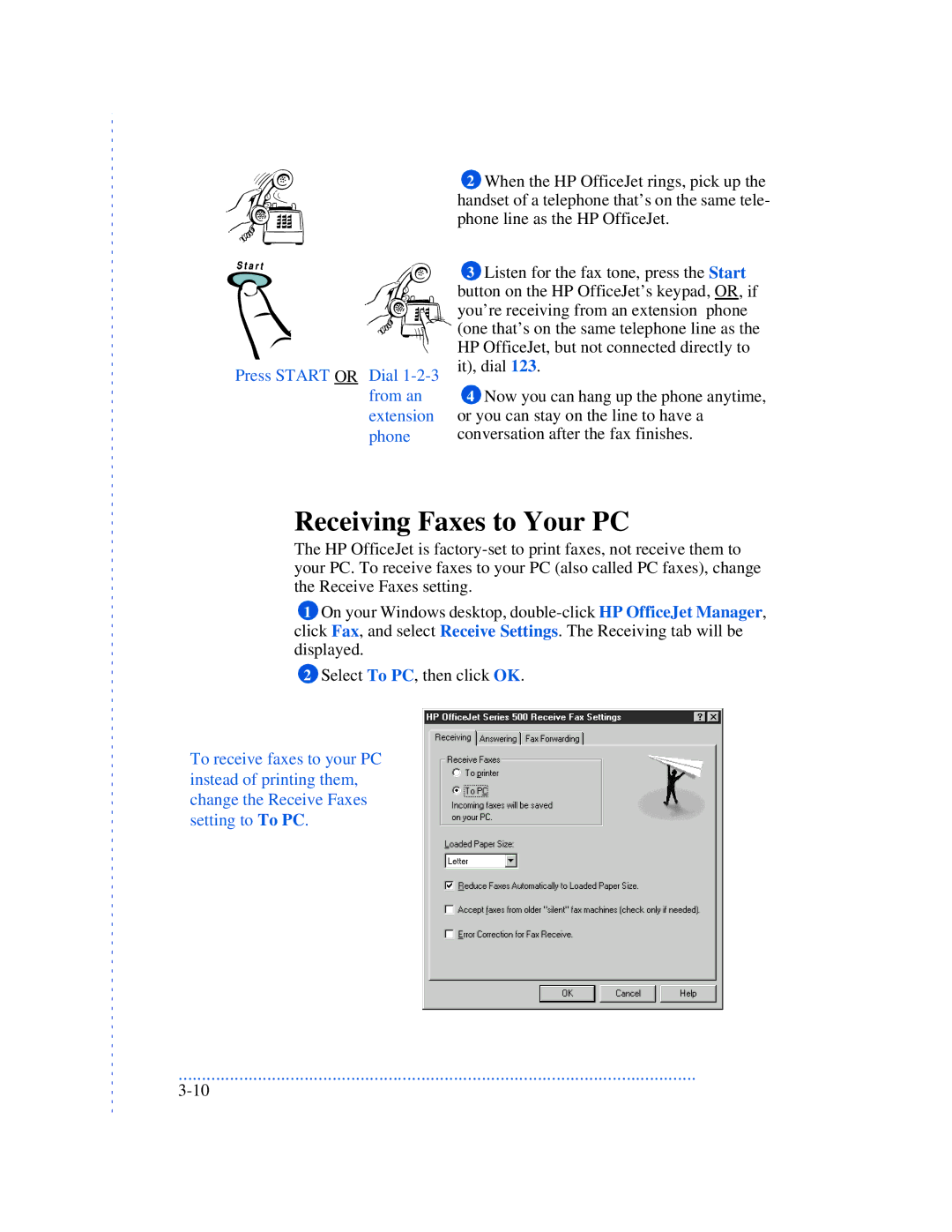 HP 520, 570, 590 manual Receiving Faxes to Your PC, Press Start or Dial 1-2-3 from an extension phone 