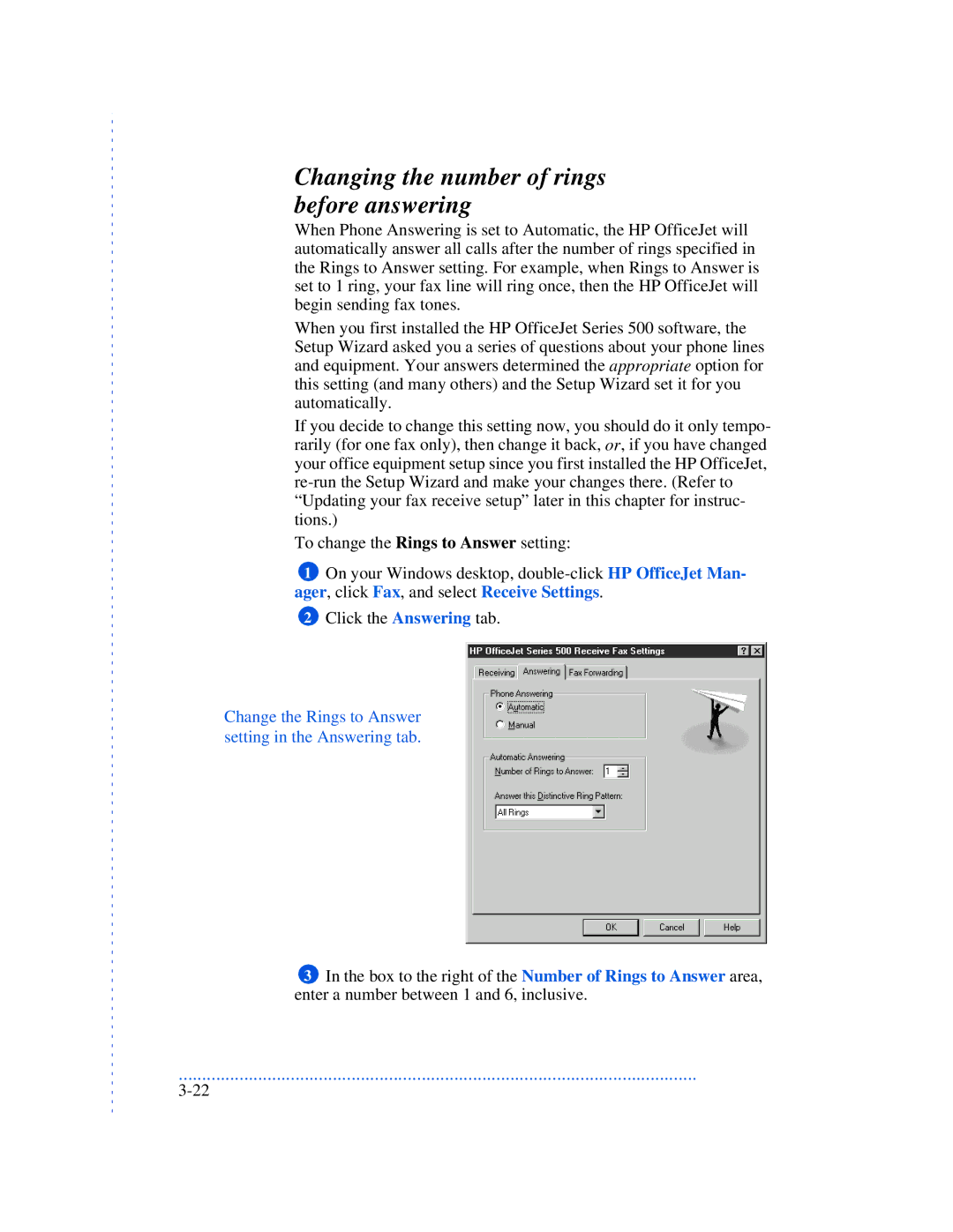 HP 520, 570, 590 Changing the number of rings before answering, Change the Rings to Answer setting in the Answering tab 