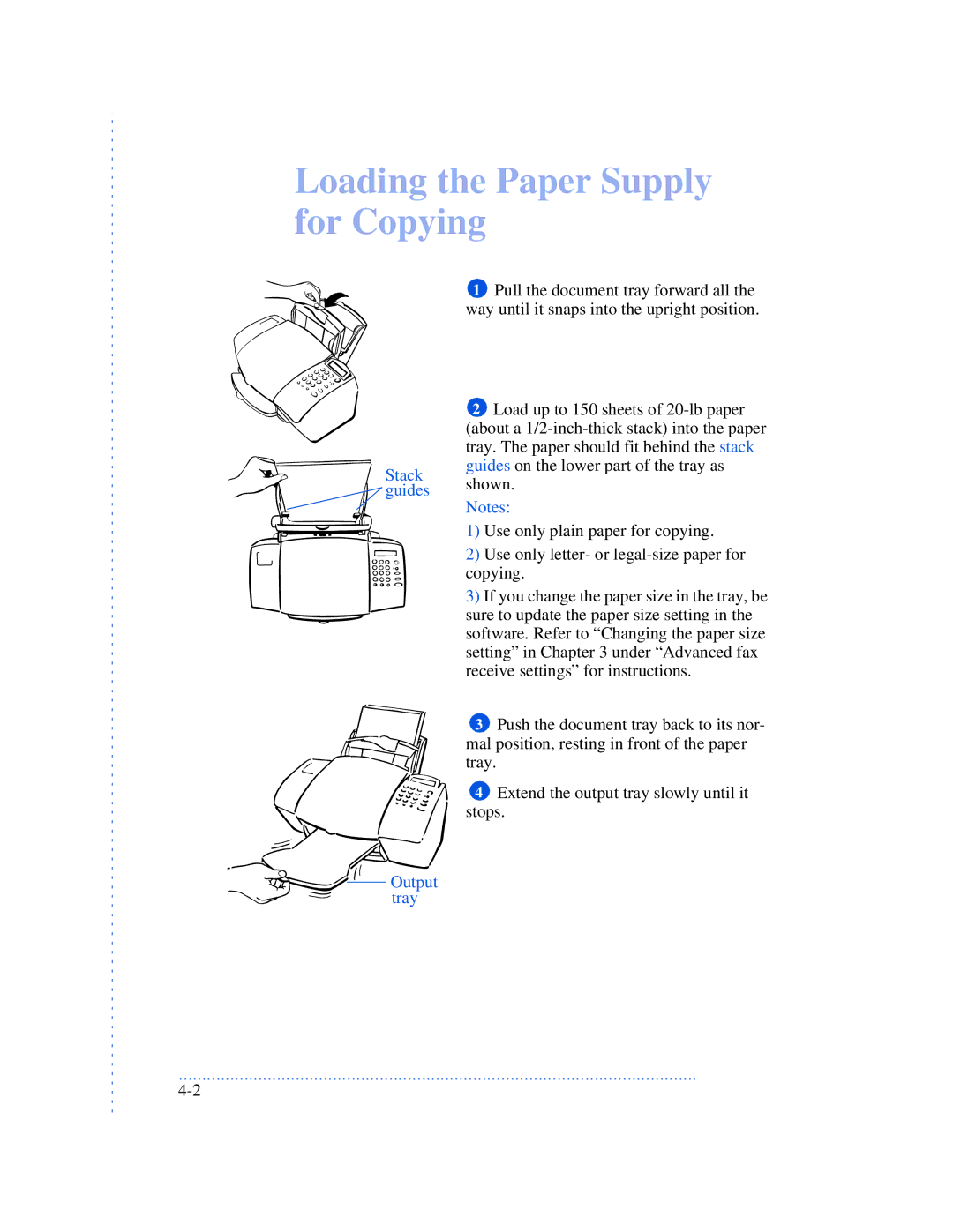 HP 570, 590, 520 manual Loading the Paper Supply for Copying, Stack guides, Output tray 