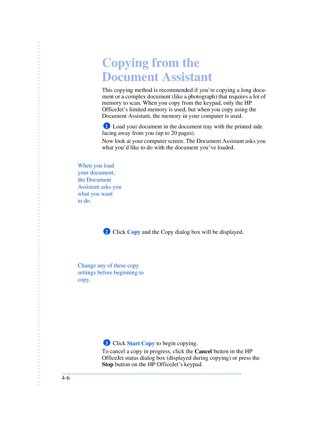 HP 590, 570, 520 manual Copying from Document Assistant, Change any of these copy settings before beginning to copy 