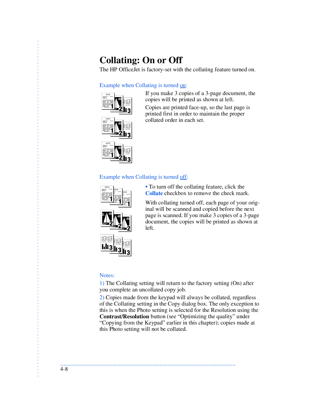 HP 570, 590, 520 manual Collating On or Off, Example when Collating is turned on, Example when Collating is turned off 