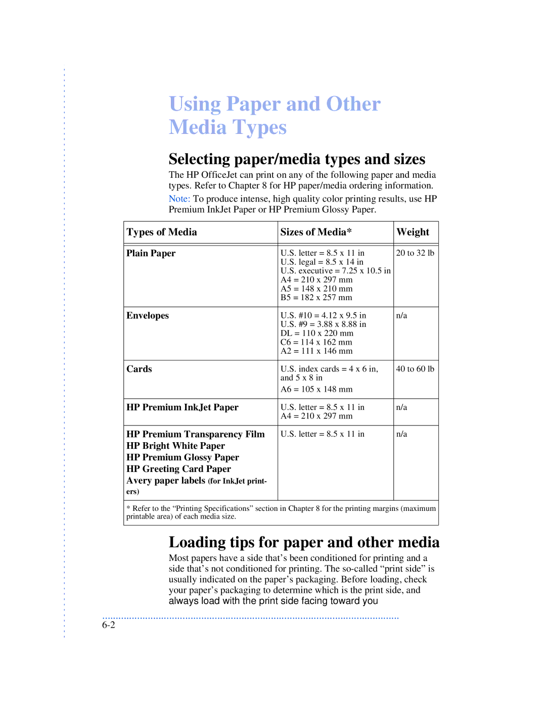 HP 590 Using Paper and Other Media Types, Selecting paper/media types and sizes, Loading tips for paper and other media 