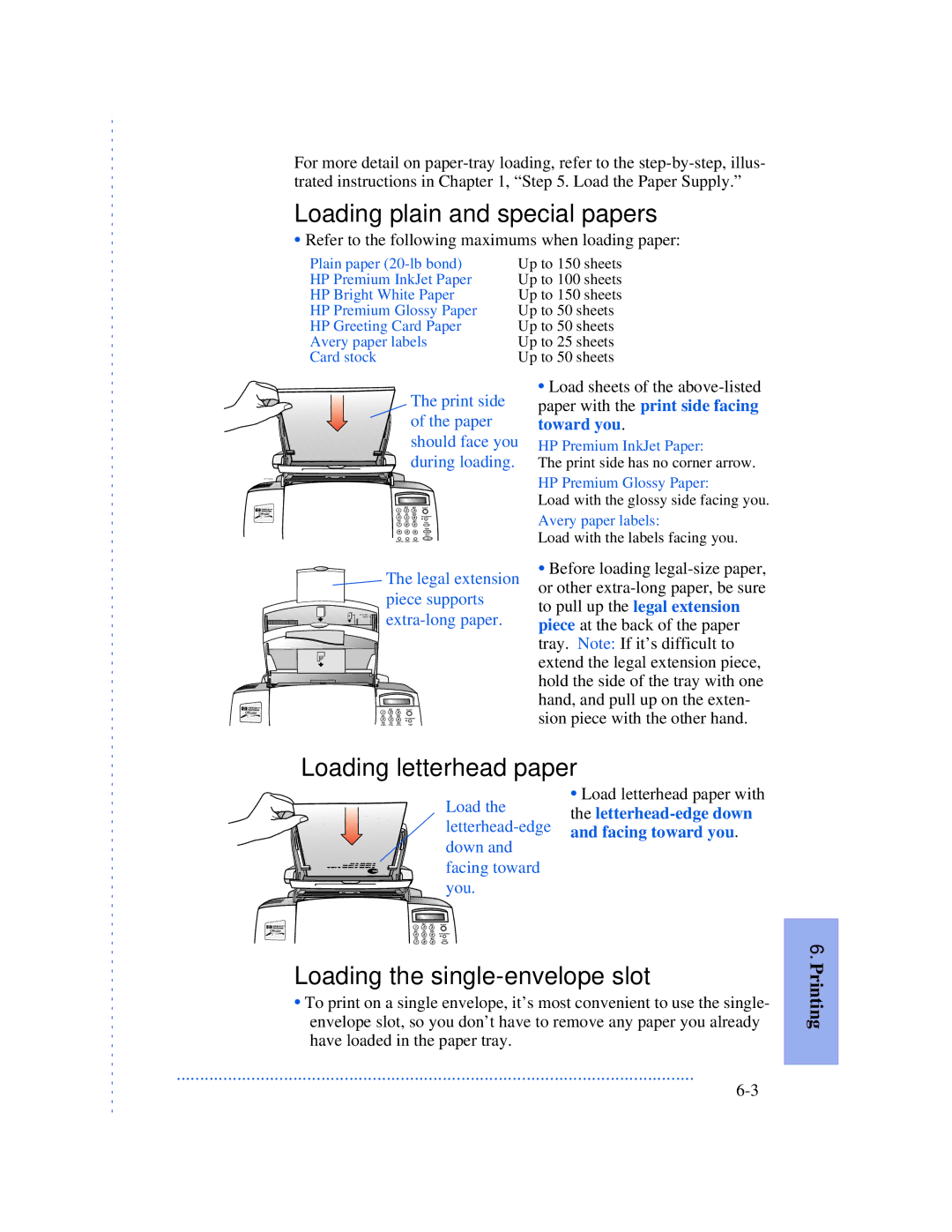 HP 520, 570, 590 manual Loading plain and special papers, Loading letterhead paper, Loading the single-envelope slot 