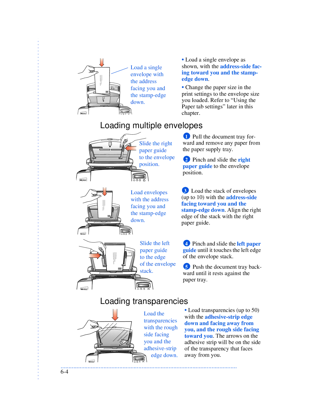 HP 570, 590, 520 manual Loading multiple envelopes, Loading transparencies 