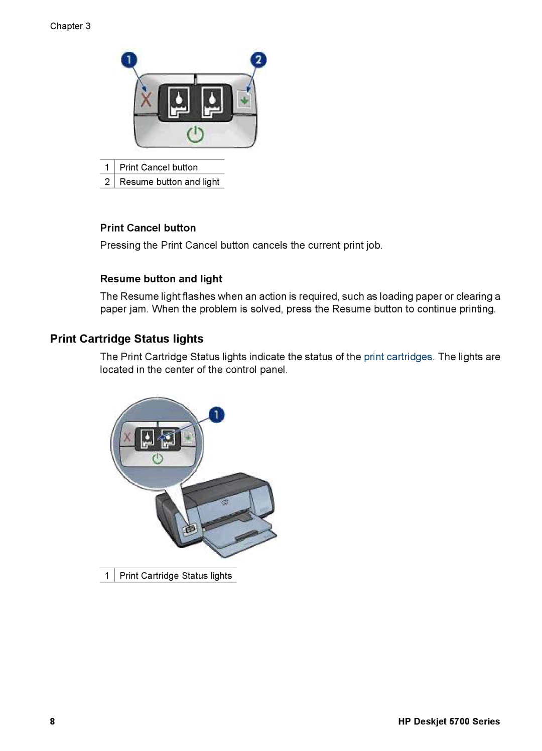 HP 5700 manual Print Cartridge Status lights, Print Cancel button, Resume button and light 