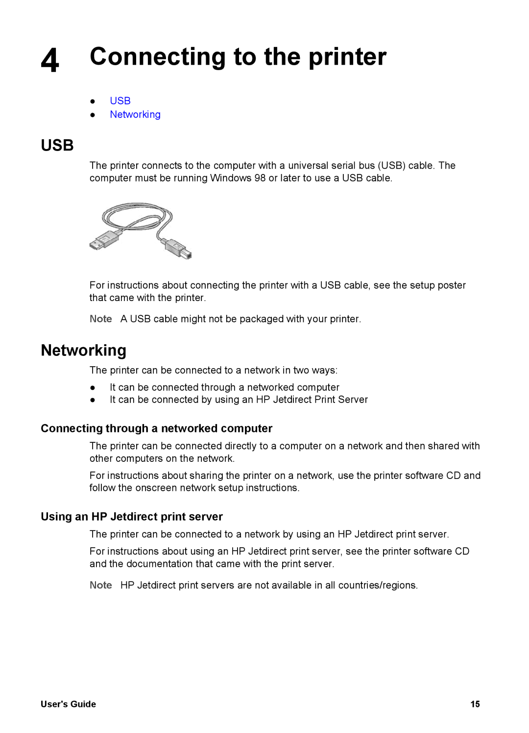 HP 5700 Connecting to the printer, Networking, Connecting through a networked computer, Using an HP Jetdirect print server 