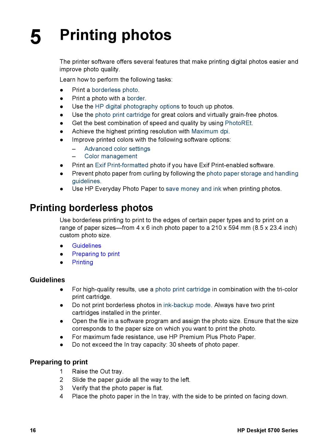 HP 5700 manual Printing photos, Printing borderless photos, Guidelines, Preparing to print 