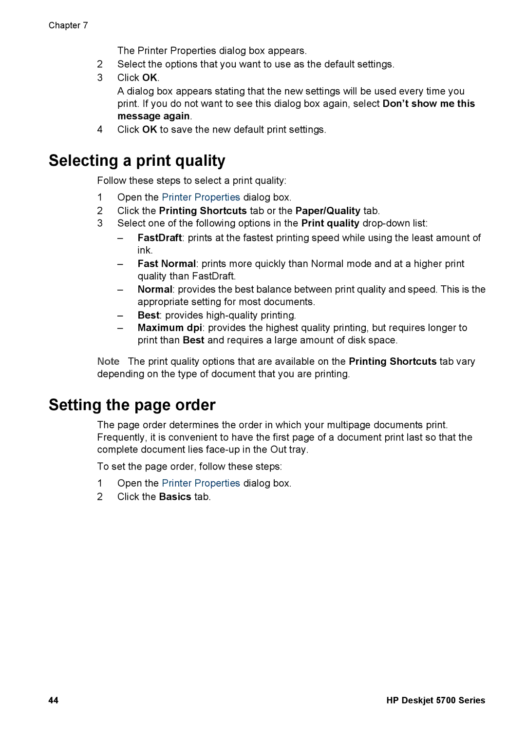 HP 5700 manual Selecting a print quality, Setting the page order 