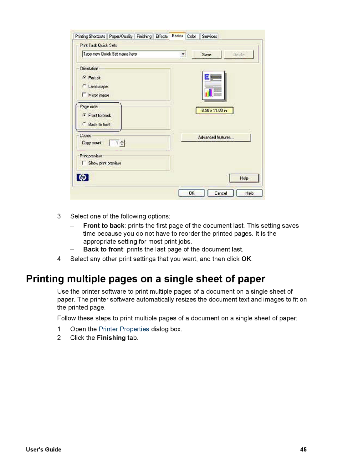 HP 5700 manual Printing multiple pages on a single sheet of paper 