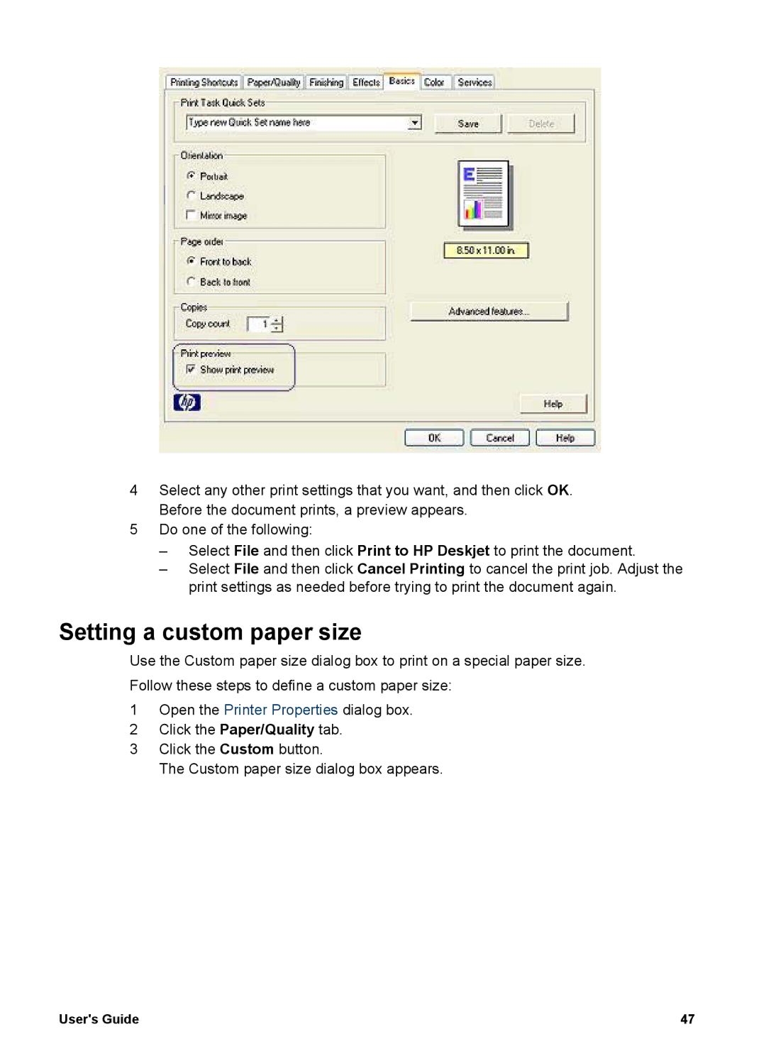 HP 5700 manual Setting a custom paper size 