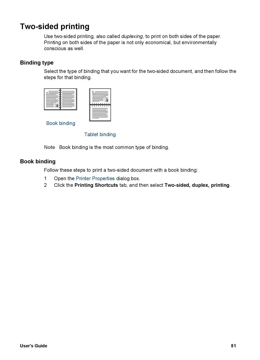 HP 5700 manual Two-sided printing, Binding type, Book binding 