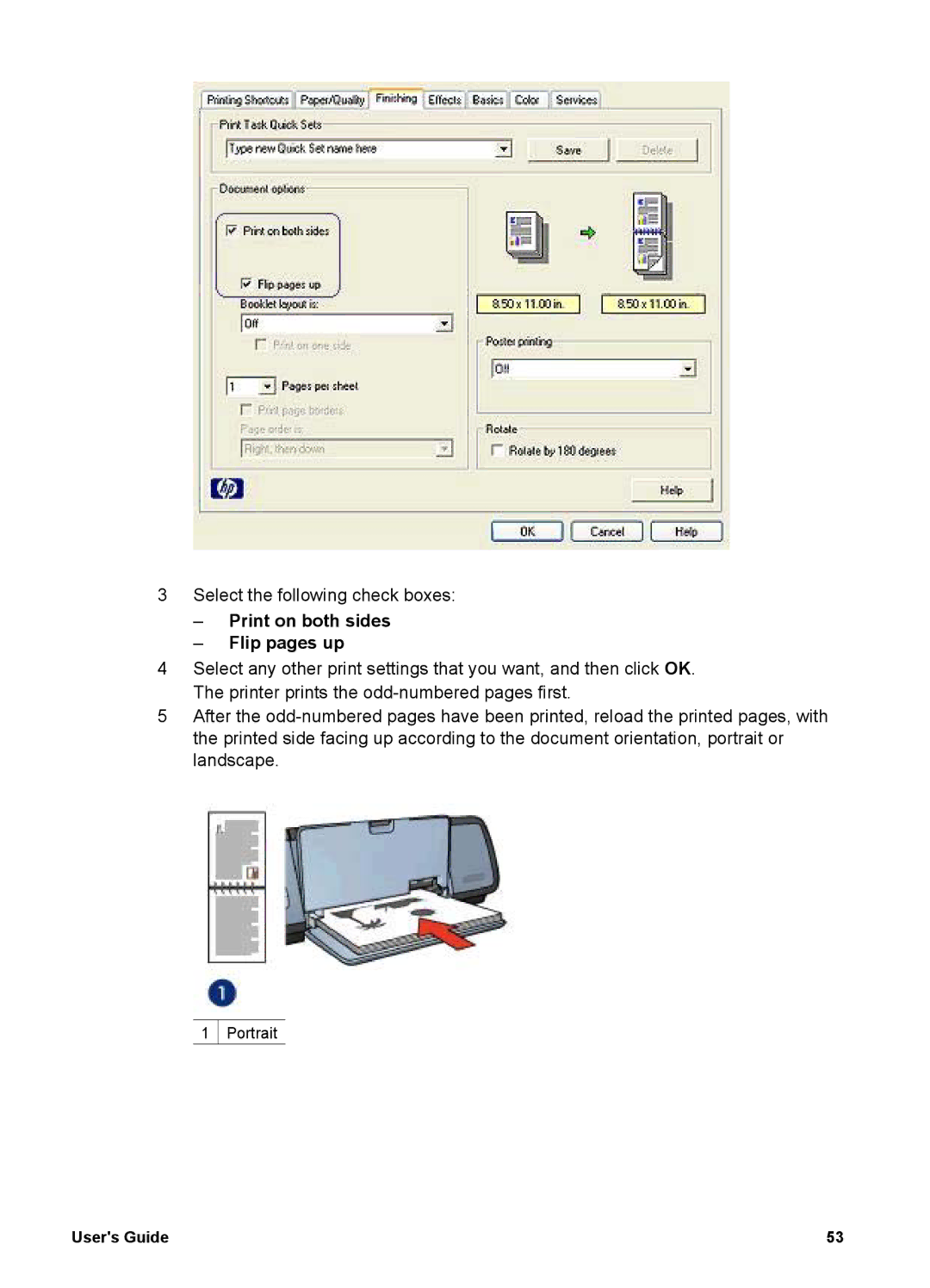 HP 5700 manual Print on both sides Flip pages up 