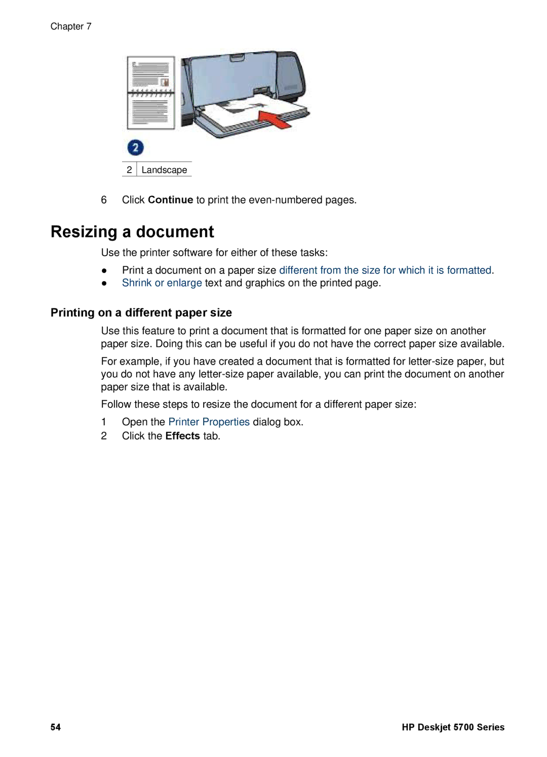 HP 5700 manual Resizing a document, Printing on a different paper size 