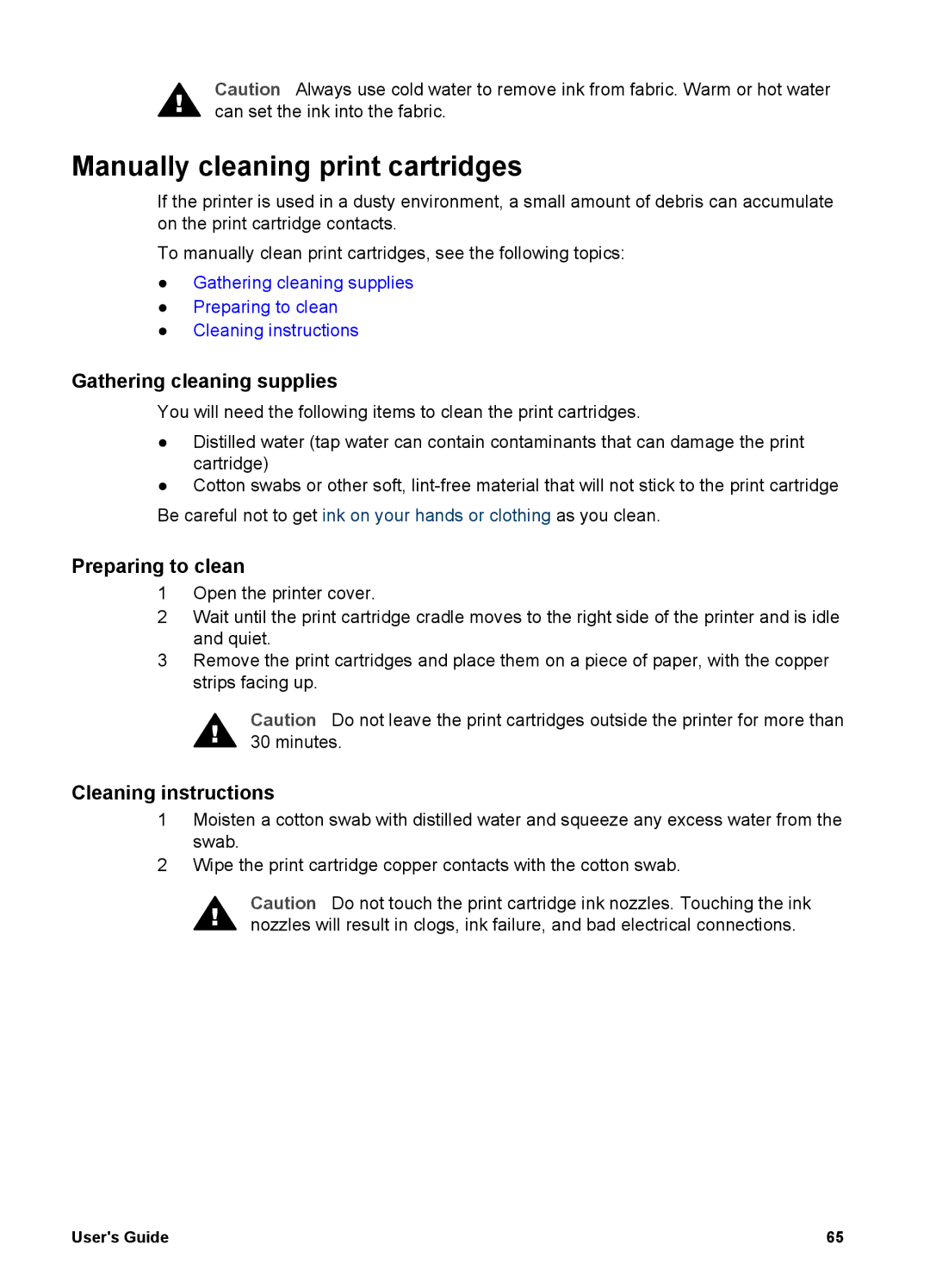 HP 5700 manual Manually cleaning print cartridges, Gathering cleaning supplies, Preparing to clean, Cleaning instructions 