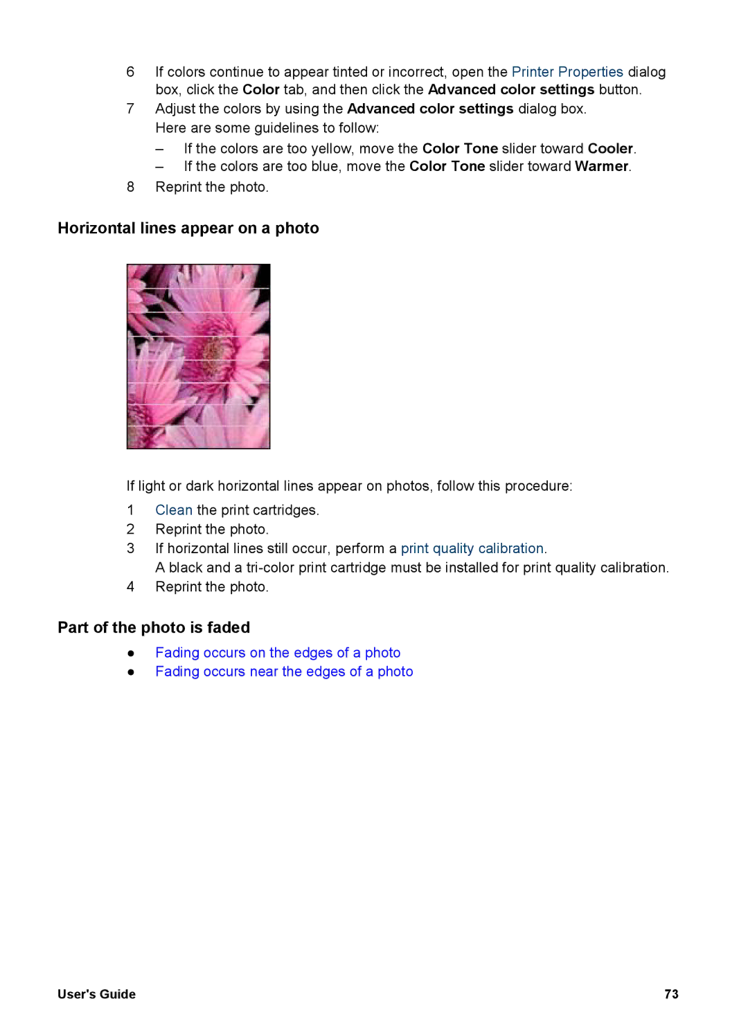 HP 5700 manual Horizontal lines appear on a photo, Part of the photo is faded 