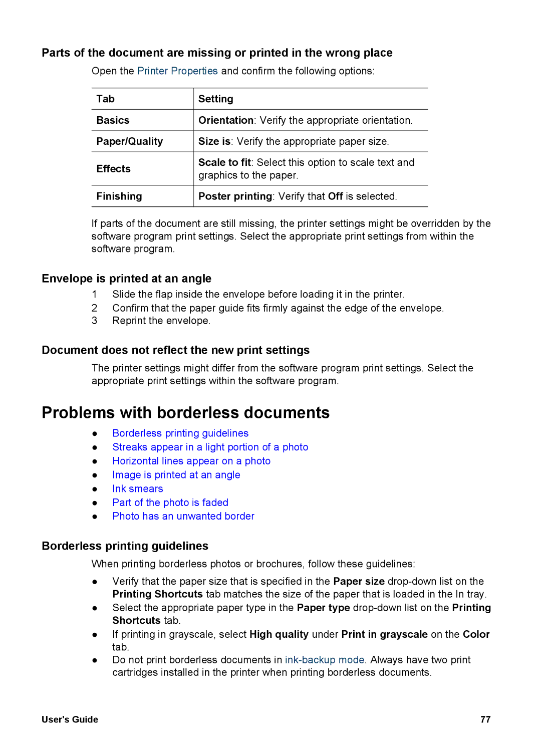 HP 5700 manual Problems with borderless documents, Envelope is printed at an angle, Borderless printing guidelines 