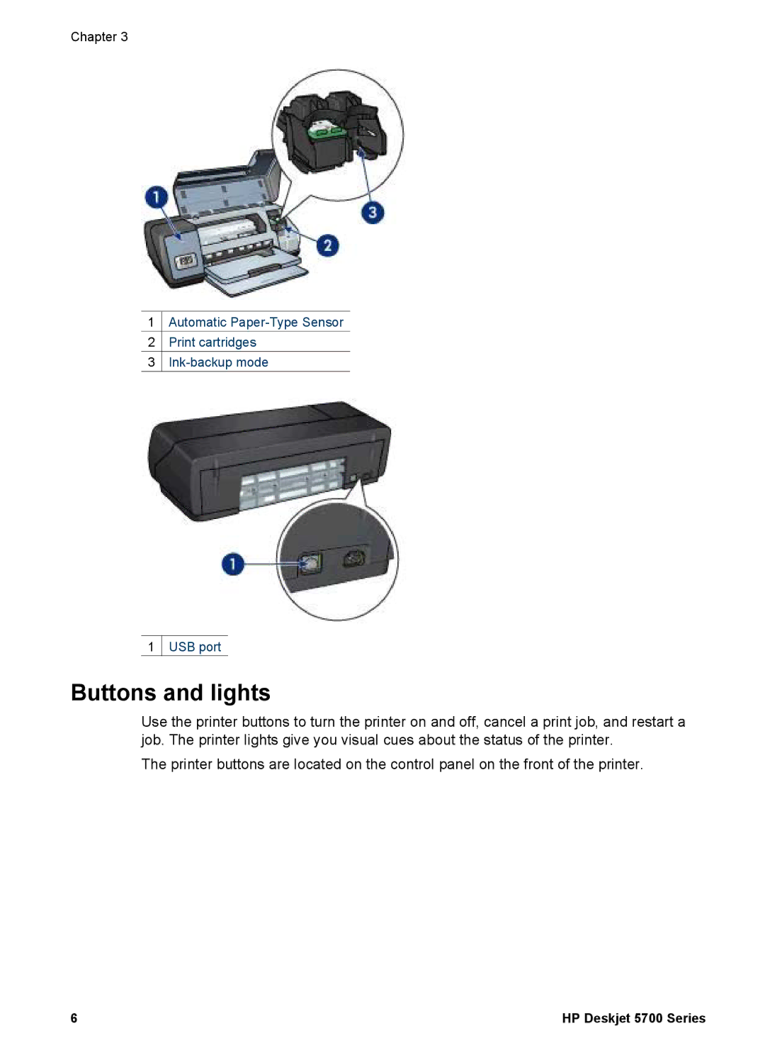 HP 5700 manual Buttons and lights 