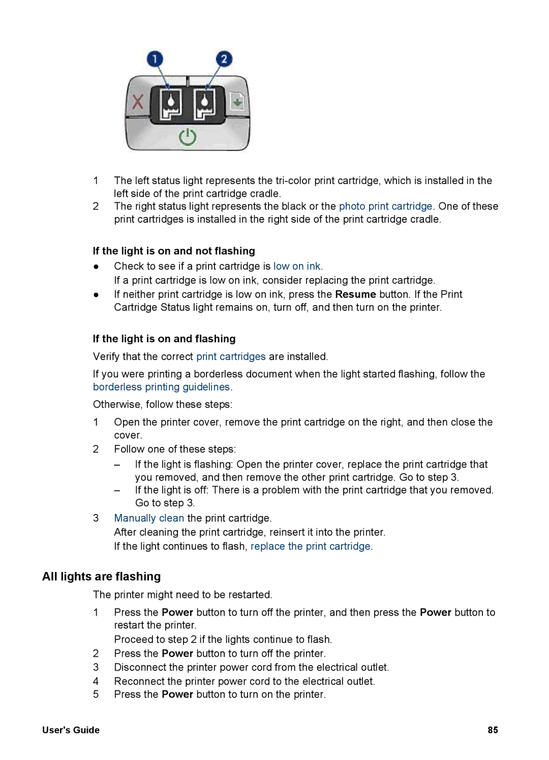 HP 5700 manual All lights are flashing, If the light is on and not flashing, If the light is on and flashing 