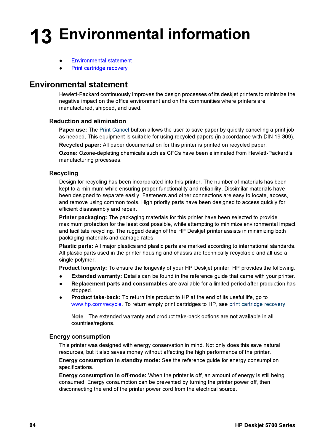 HP 5700 manual Environmental information, Reduction and elimination, Recycling, Energy consumption 