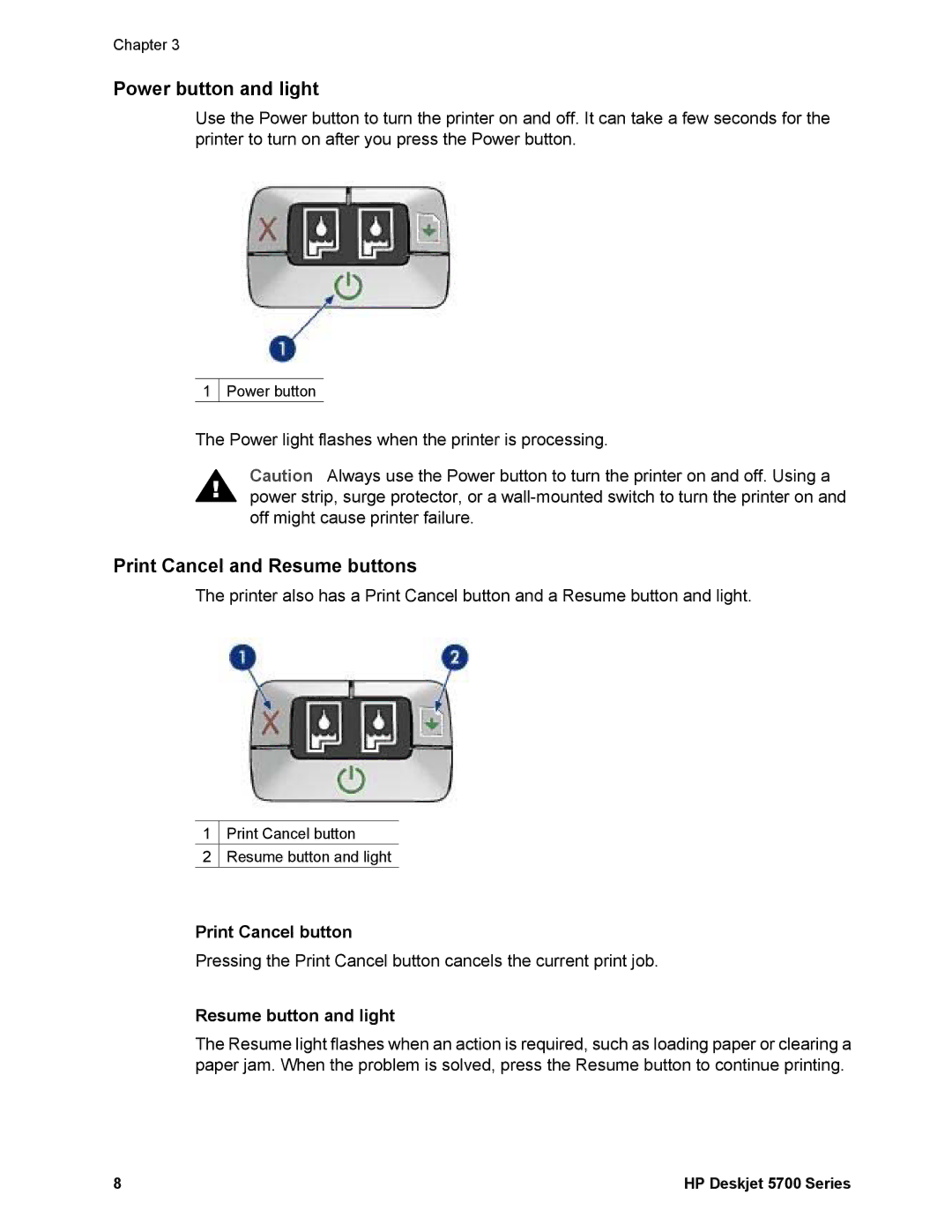 HP 5740 - Color Inkjet manual Power button and light, Print Cancel and Resume buttons, Print Cancel button 