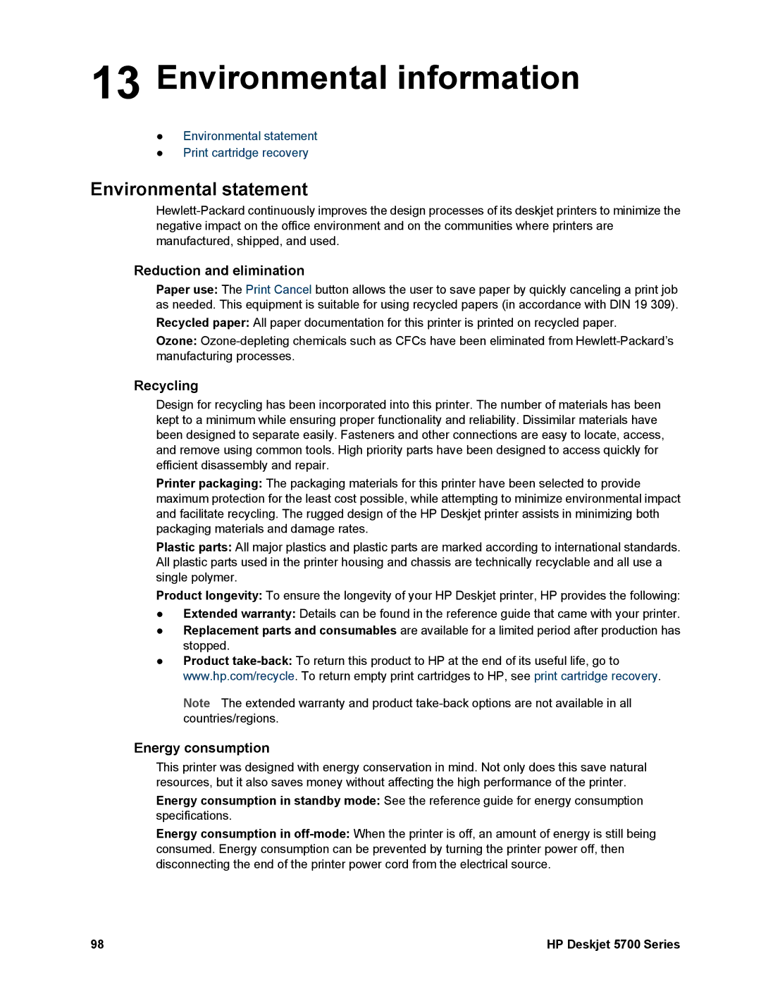 HP 5740 - Color Inkjet manual Environmental information, Reduction and elimination, Recycling, Energy consumption 