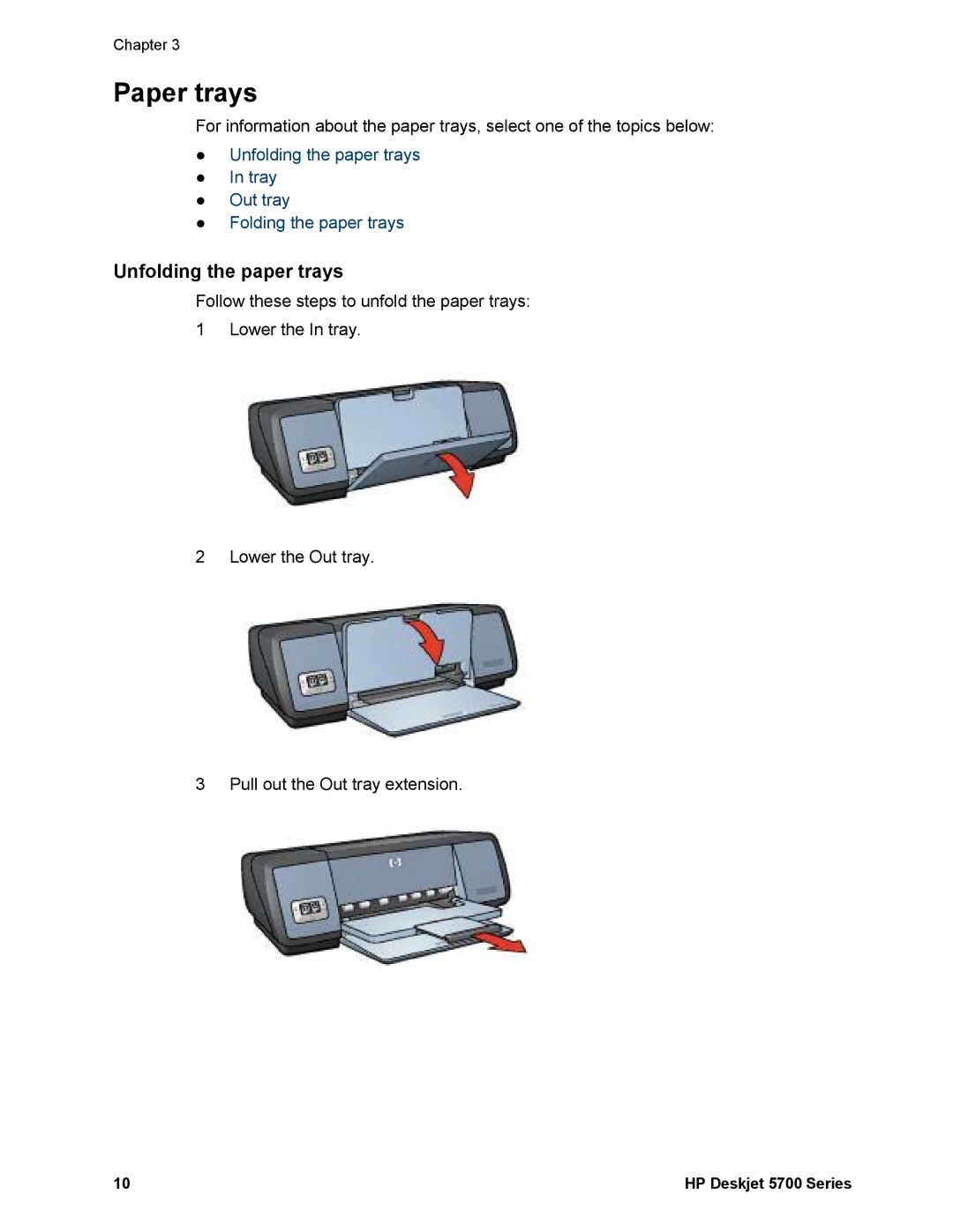 HP 5740 - Color Inkjet manual Paper trays, Unfolding the paper trays 