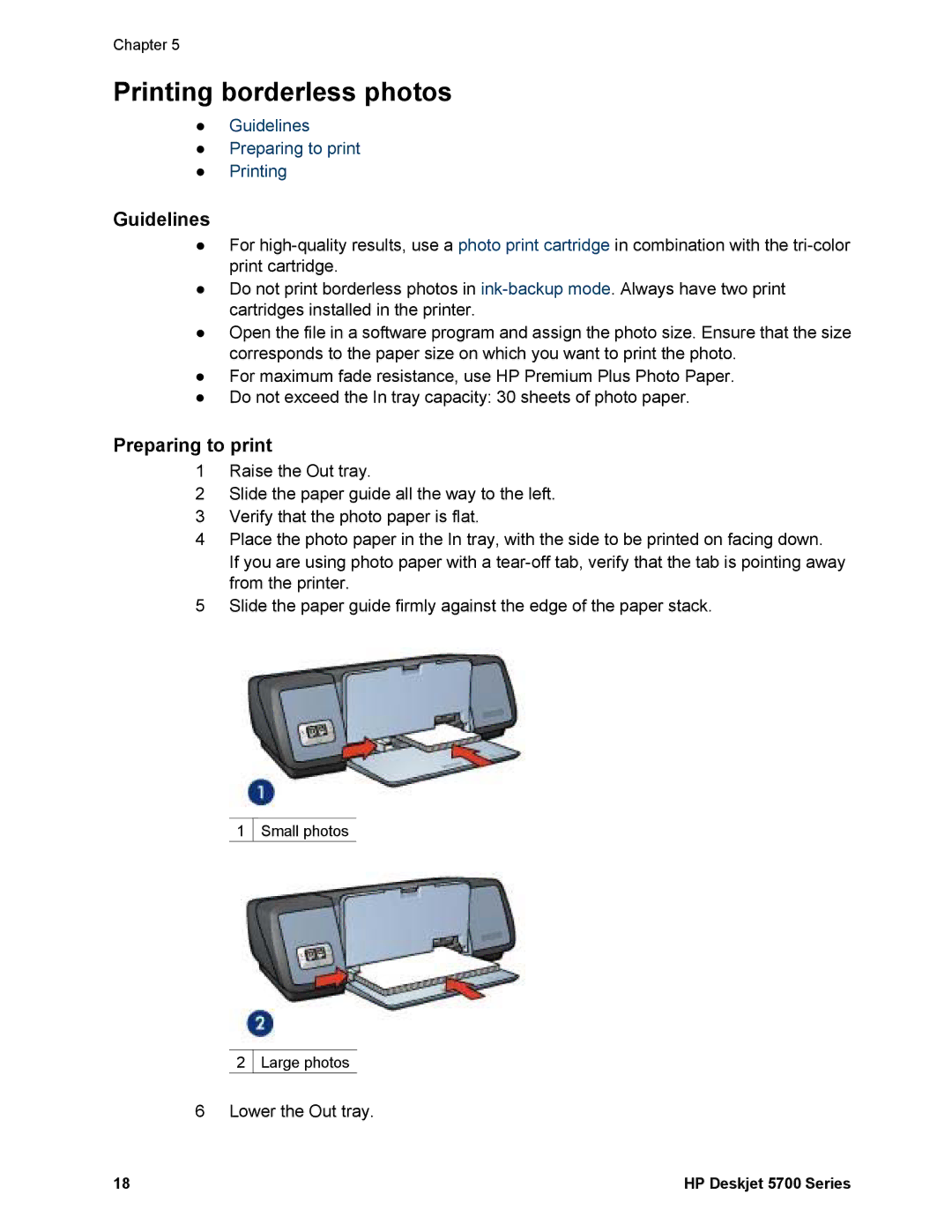 HP 5740 - Color Inkjet manual Printing borderless photos, Guidelines, Preparing to print 