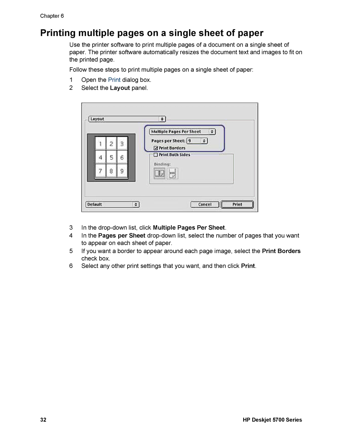 HP 5740 - Color Inkjet manual Printing multiple pages on a single sheet of paper 