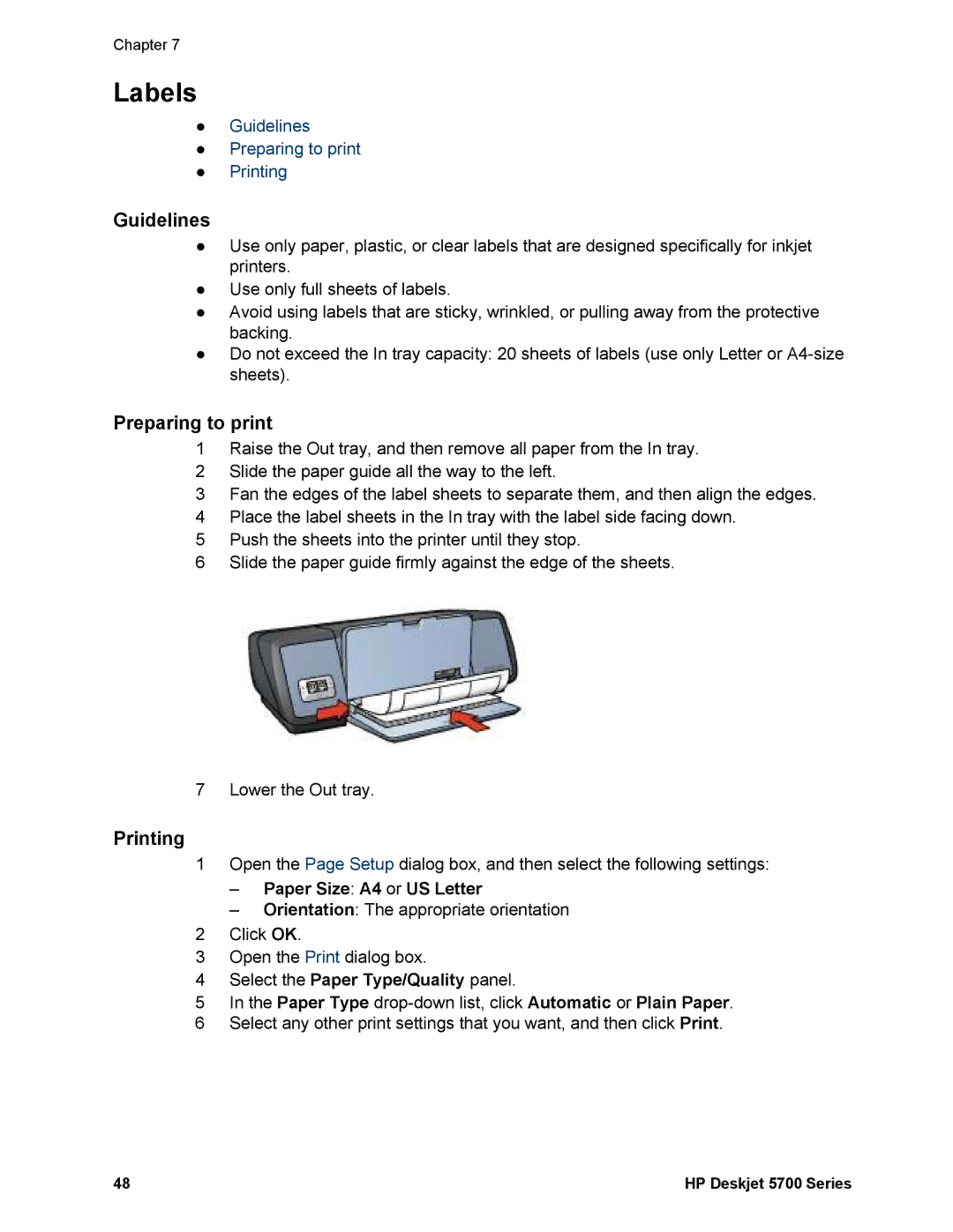 HP 5740 - Color Inkjet manual Labels, Paper Size A4 or US Letter 