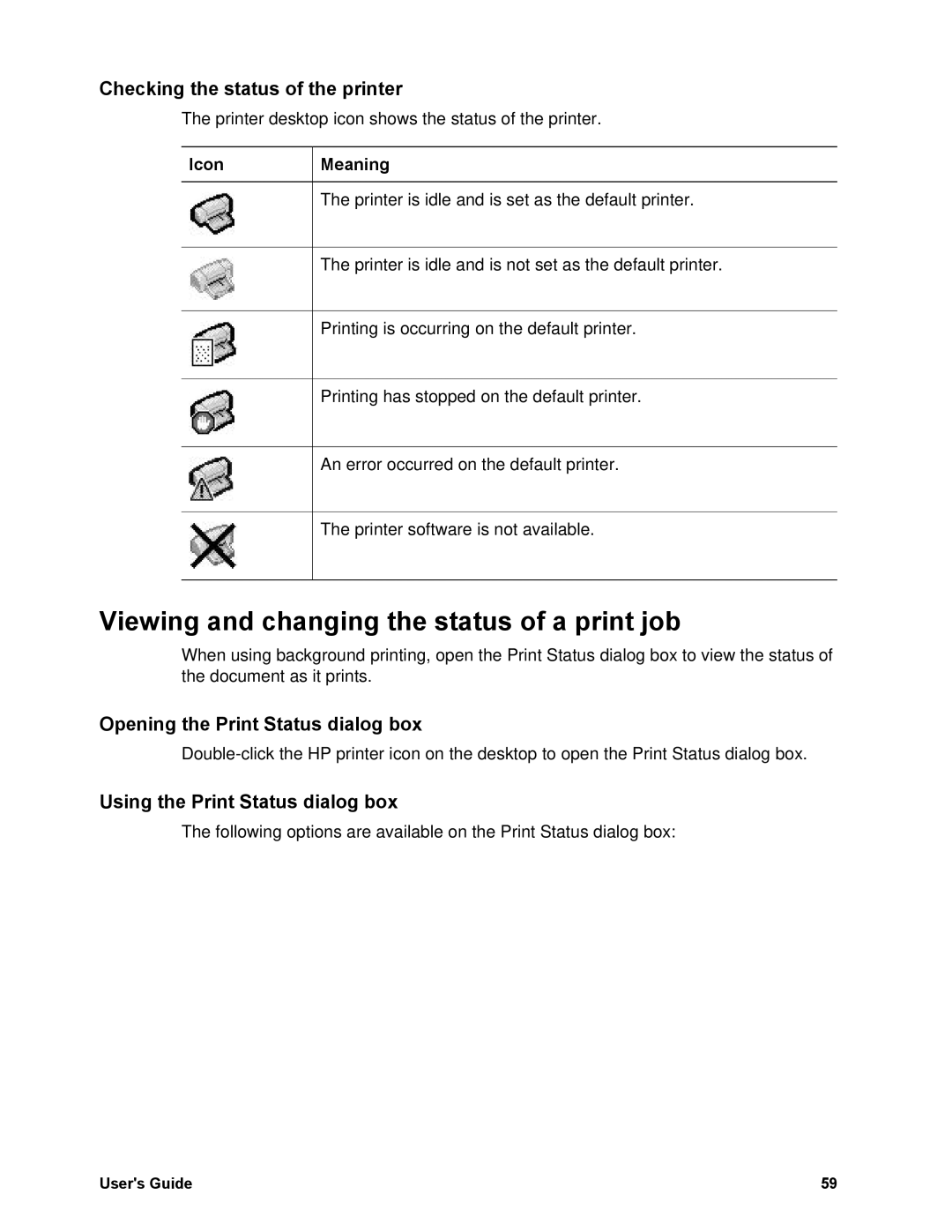 HP 5740 - Color Inkjet Viewing and changing the status of a print job, Checking the status of the printer, Icon Meaning 