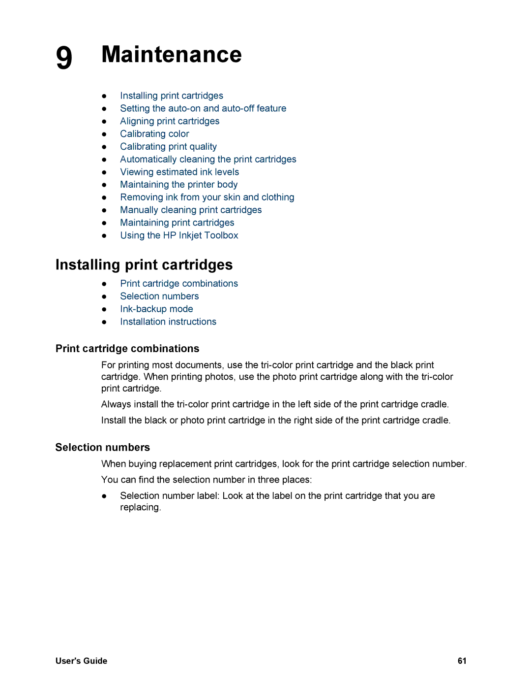 HP 5740 - Color Inkjet manual Maintenance, Installing print cartridges, Print cartridge combinations, Selection numbers 