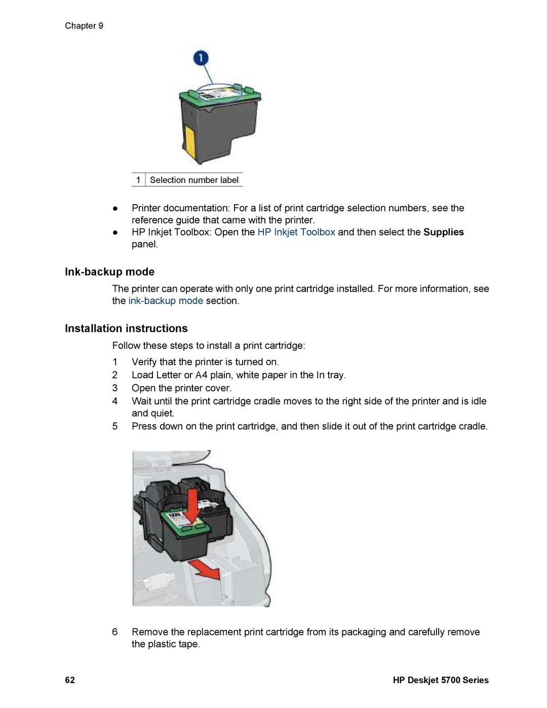 HP 5740 - Color Inkjet manual Ink-backup mode, Installation instructions 