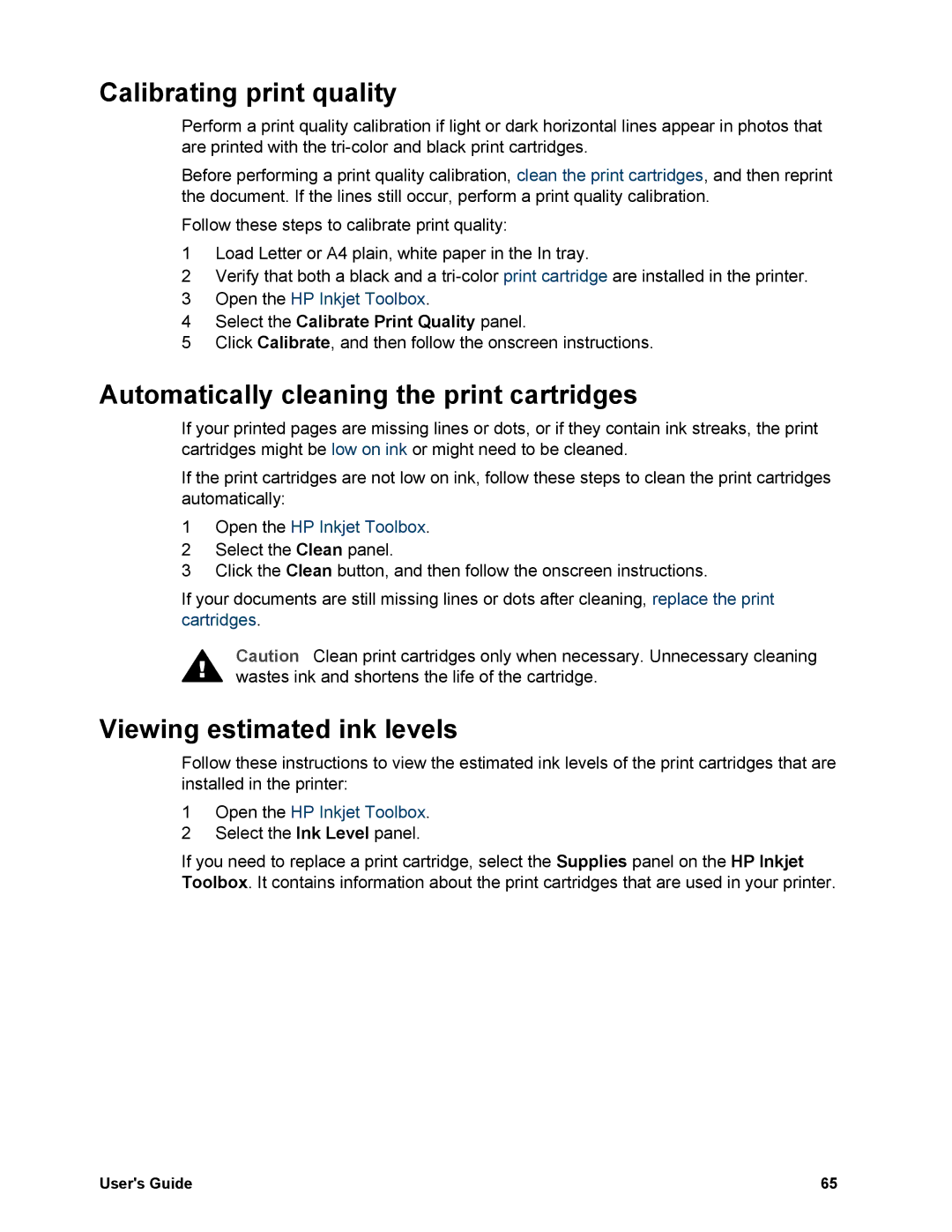 HP 5740 - Color Inkjet manual Calibrating print quality, Automatically cleaning the print cartridges 