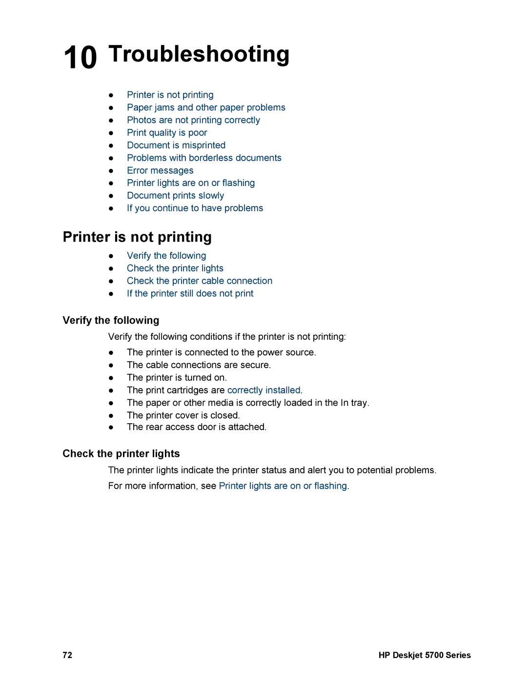 HP 5740 - Color Inkjet manual Troubleshooting, Printer is not printing, Verify the following, Check the printer lights 