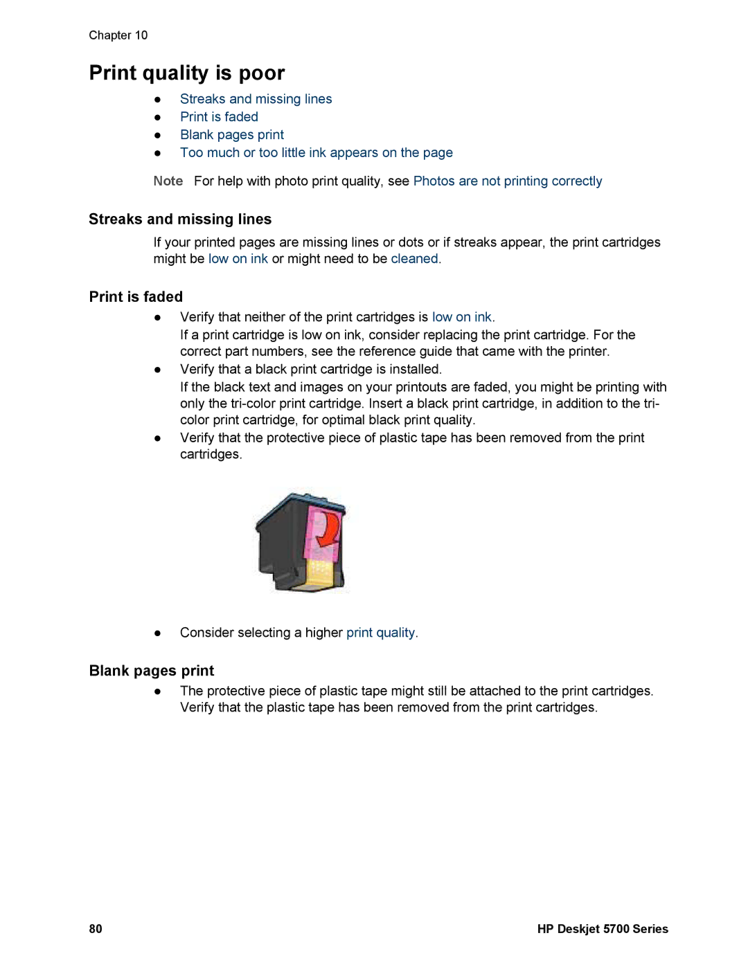 HP 5740 - Color Inkjet manual Print quality is poor, Streaks and missing lines, Print is faded, Blank pages print 