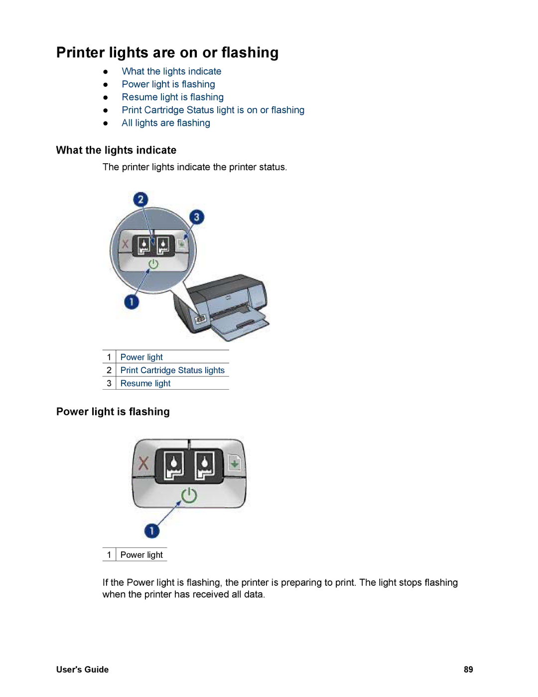 HP 5740 - Color Inkjet manual Printer lights are on or flashing, What the lights indicate, Power light is flashing 