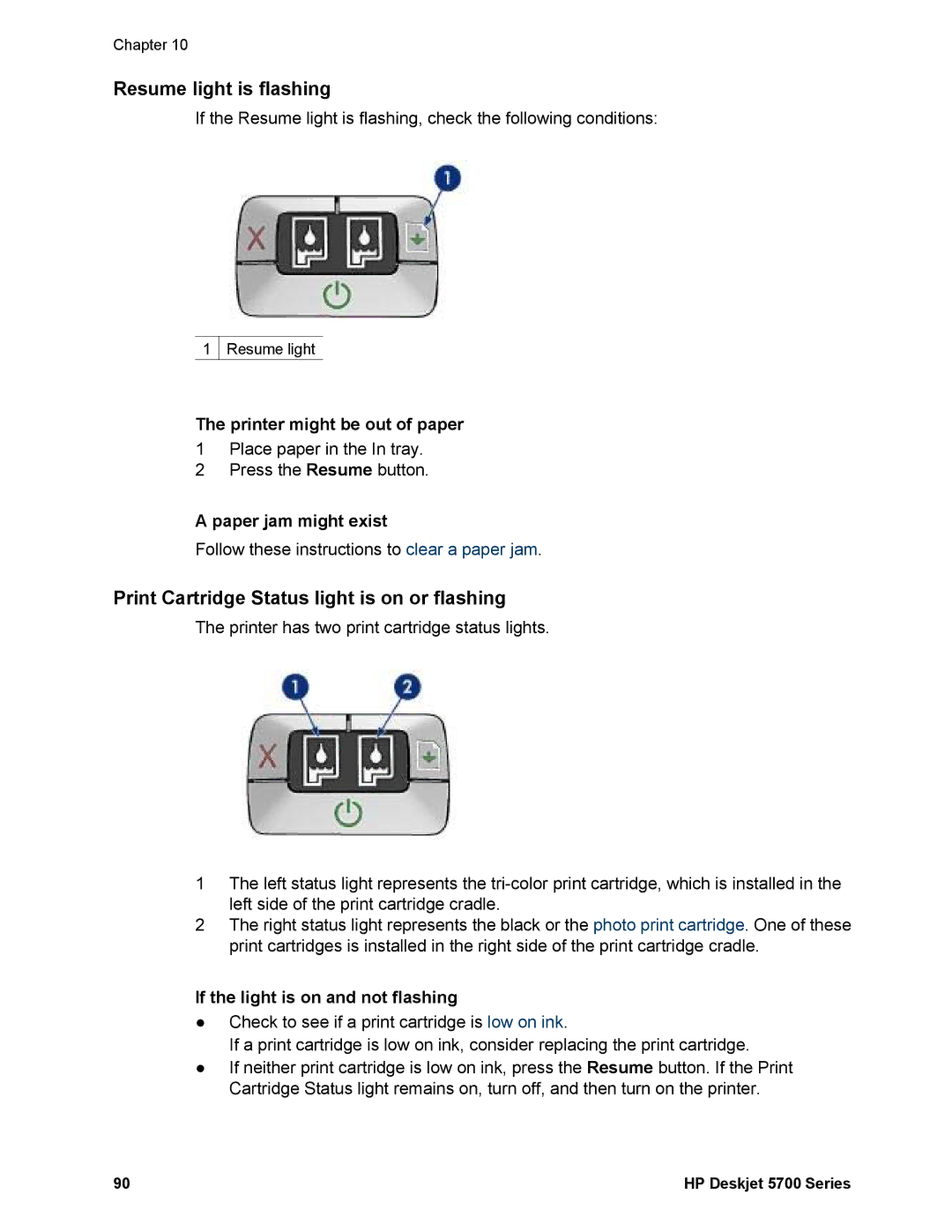 HP 5740 - Color Inkjet Resume light is flashing, Print Cartridge Status light is on or flashing, Paper jam might exist 